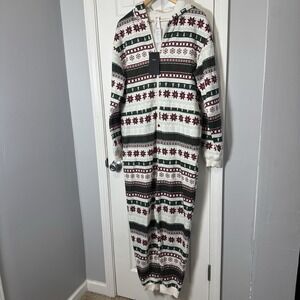 Fabletics Holiday Fairisle Fleece Bodysuit L Reindeer Snowflake One Piece NWT